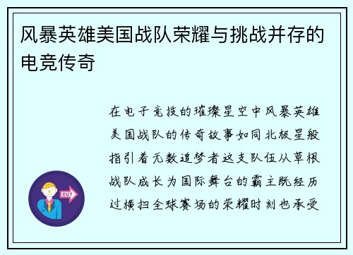 风暴英雄美国战队荣耀与挑战并存的电竞传奇