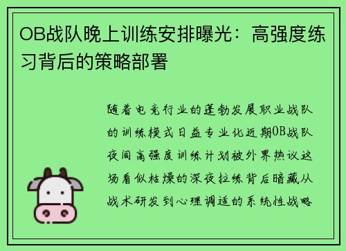 OB战队晚上训练安排曝光：高强度练习背后的策略部署