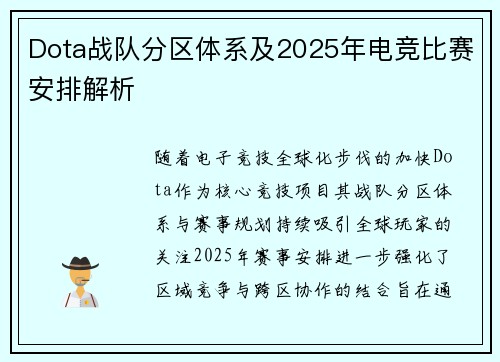 Dota战队分区体系及2025年电竞比赛安排解析